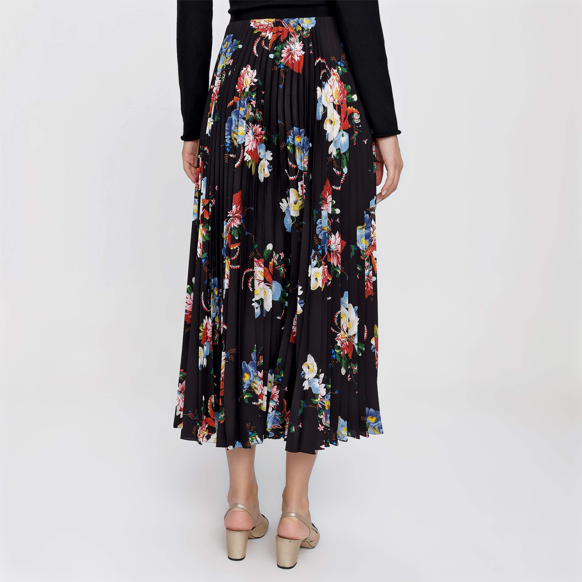 Erdem - Black Floral Print Pleated Midi Skirt